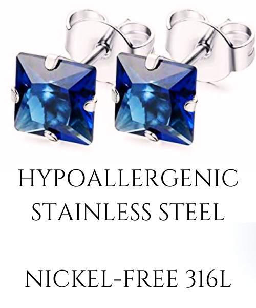 3/4/5/6mm Square CZ Sapphire Stud Earrings, September Birthstone Blue, Stainless