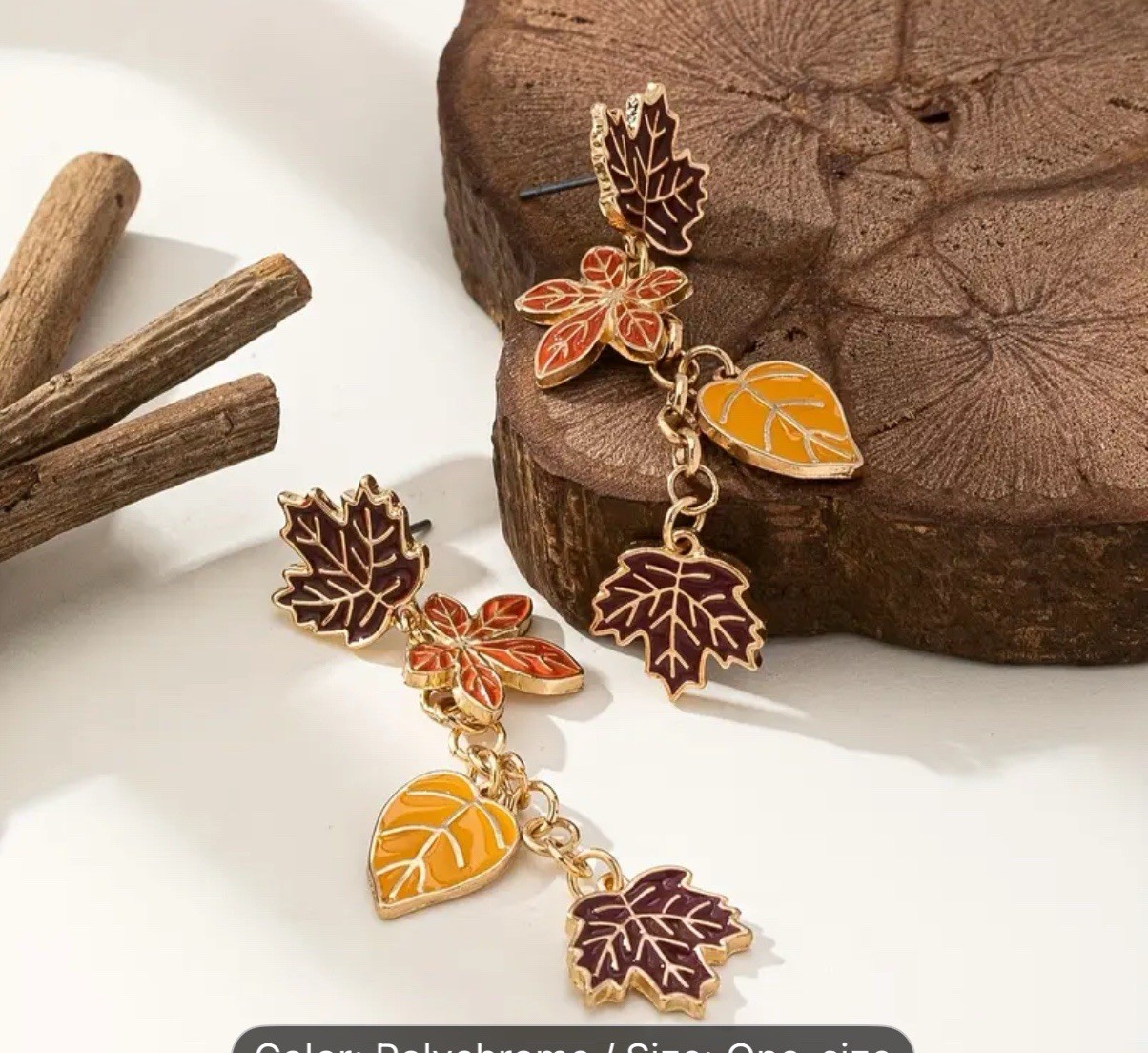 Autumn Fall Vintage Maple Leaf Golden Stud Drop Earrings Red Orange Brown Leaves