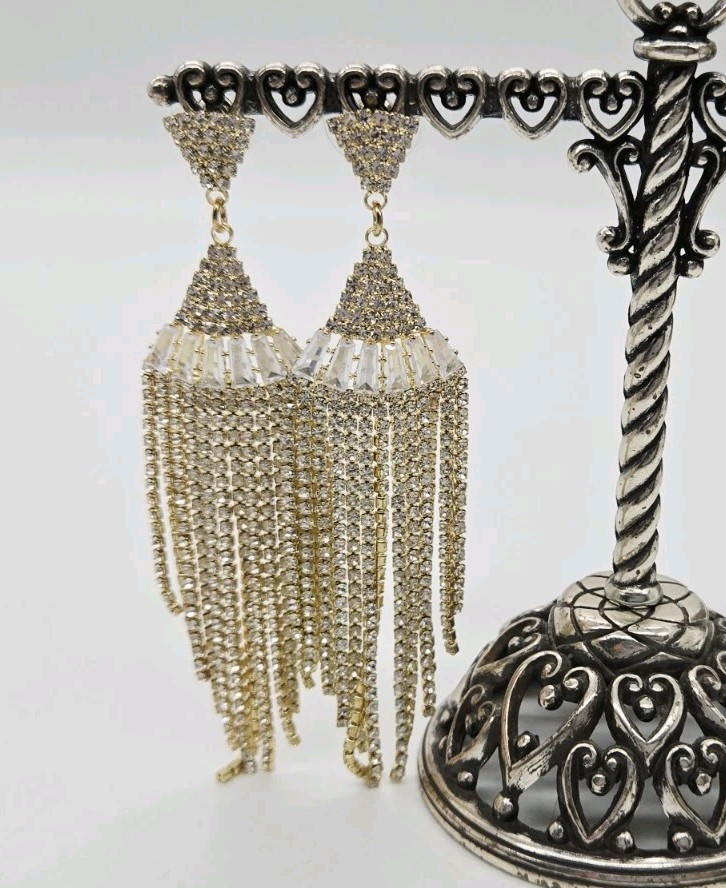 Crystal Chandelier Earrings Fringe Waterfall Dangle Gold Tone Pierced 3.75 in