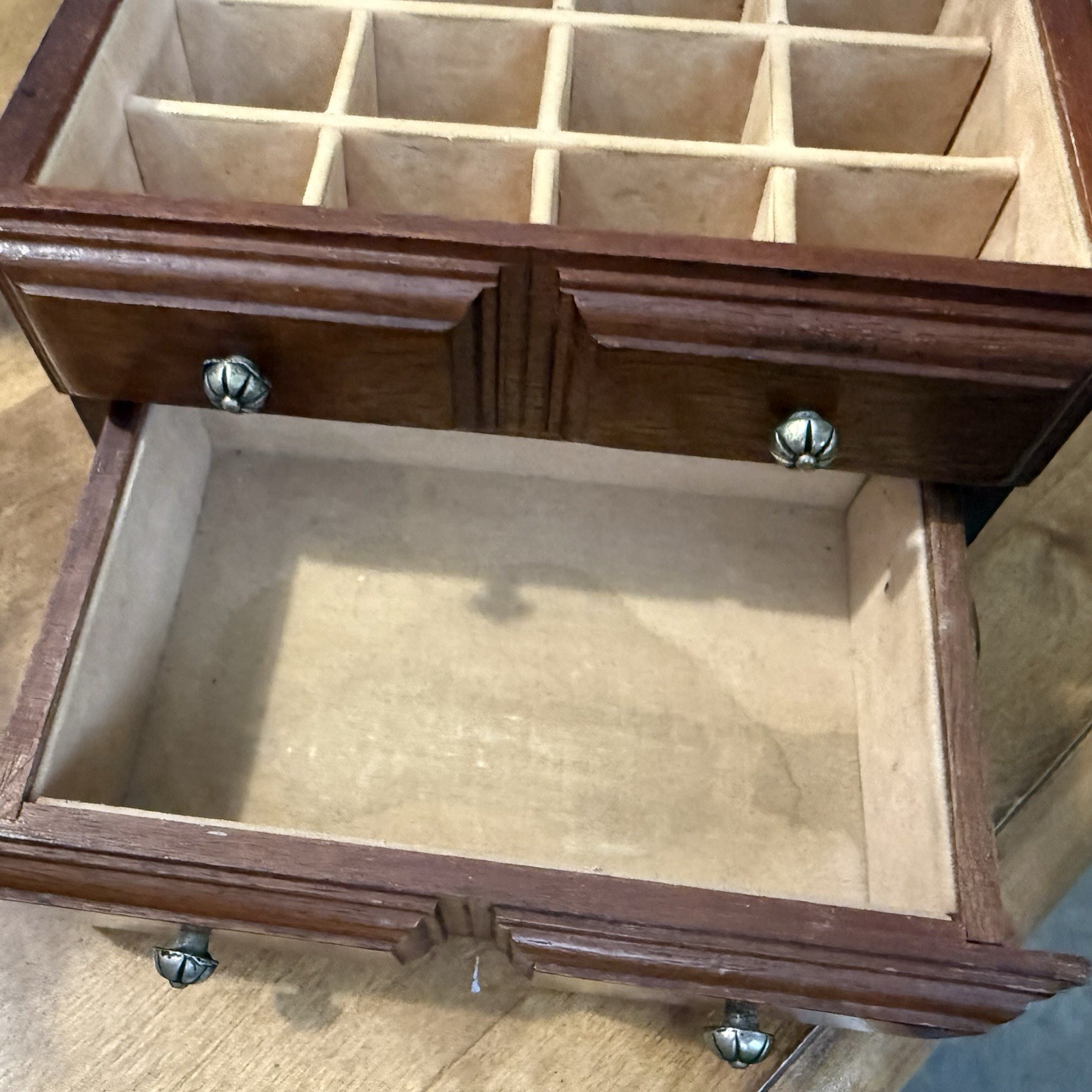 Vintage Mele Wooden Flip Top Jewelry Box Table Top