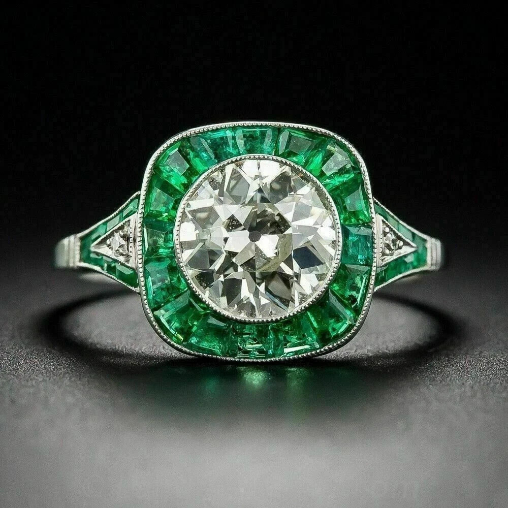 Art Deco Style Lab Created Diamond & Emerald Engagement 14k White Gold FN Ring