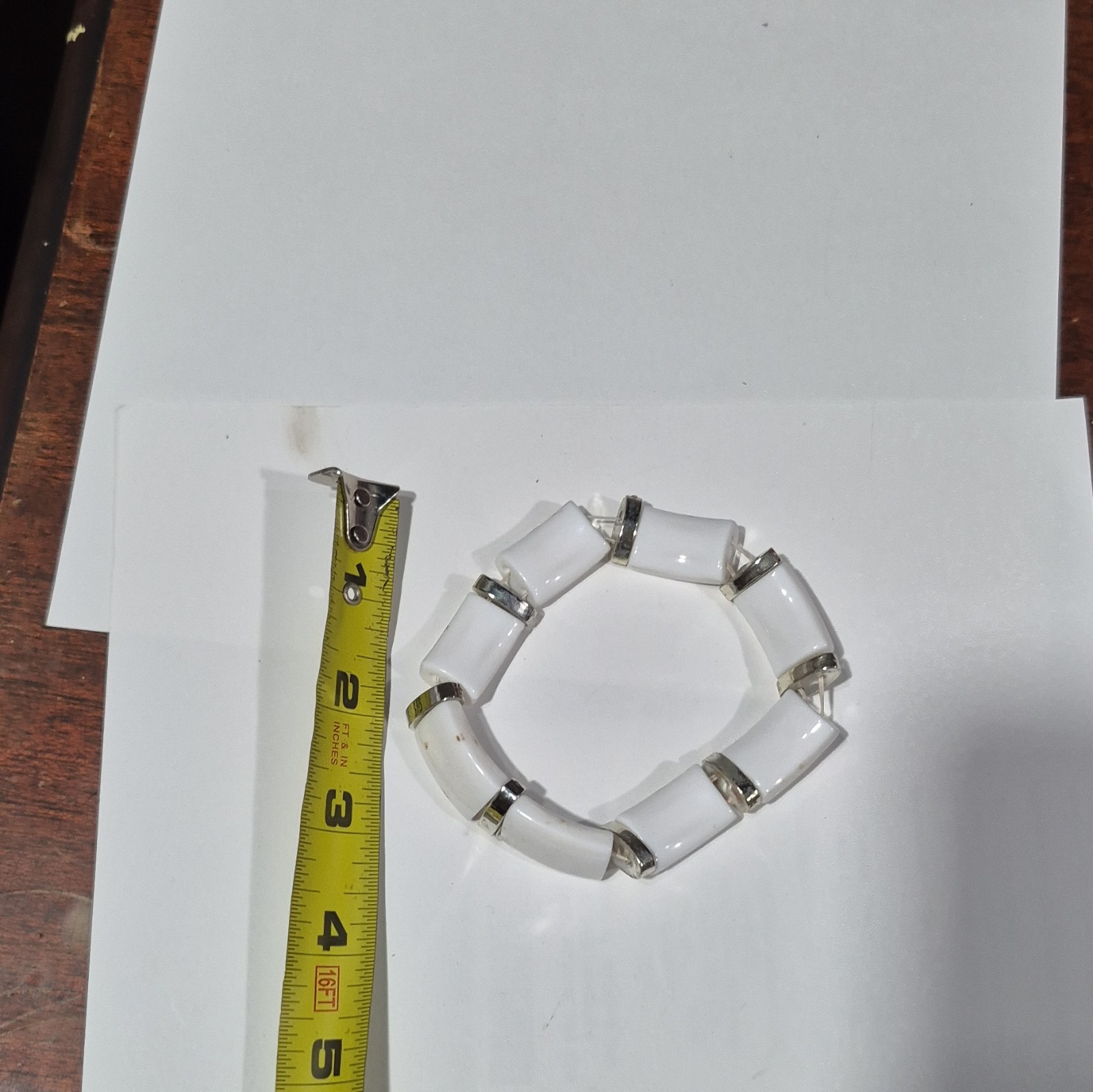 White Plastic Stretch Beaded Bracelet, Silver Tone Spacers, No Clasp