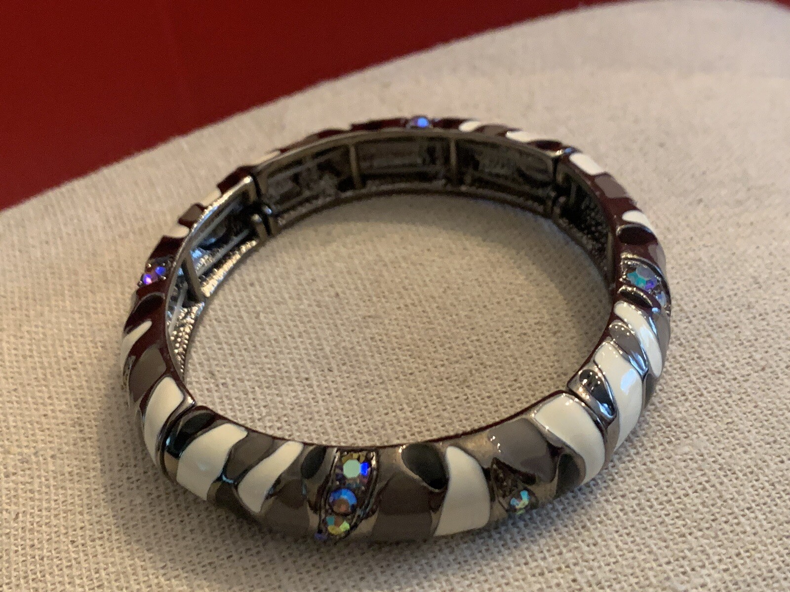Joan Rivers Black/ Gray/ White Enamel Elastic Bracelet AB Crystals – BinT