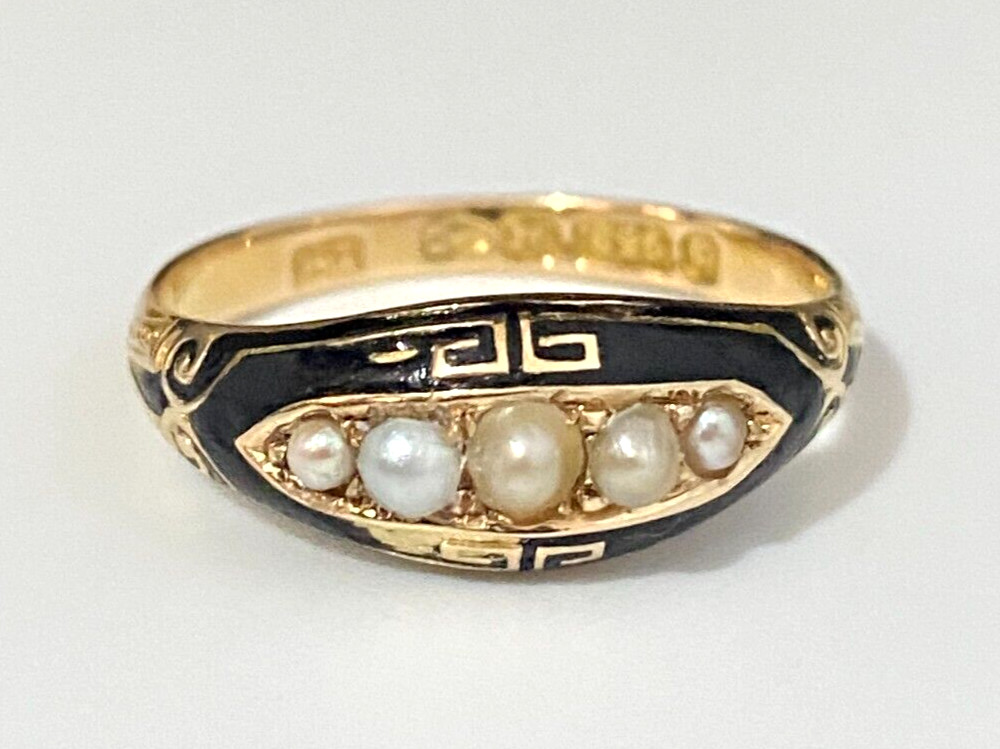 Victorian 15K Yellow Gold W/ Pearl Enamel Ring C1881 Size P 1/2 – 7 3/4