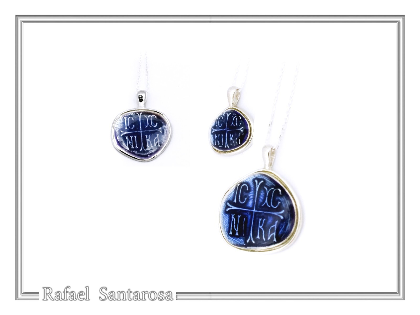 Protection cross coinshape Jesus Christ Wins silver enamel talisman charm