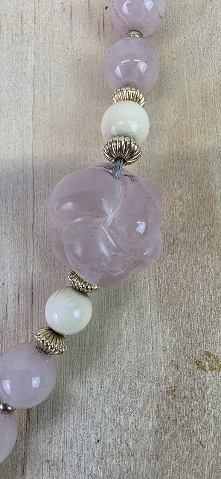 Vintage Chinese Export Necklace, Carved Rose Quartz Flower, Signed Asian Figural