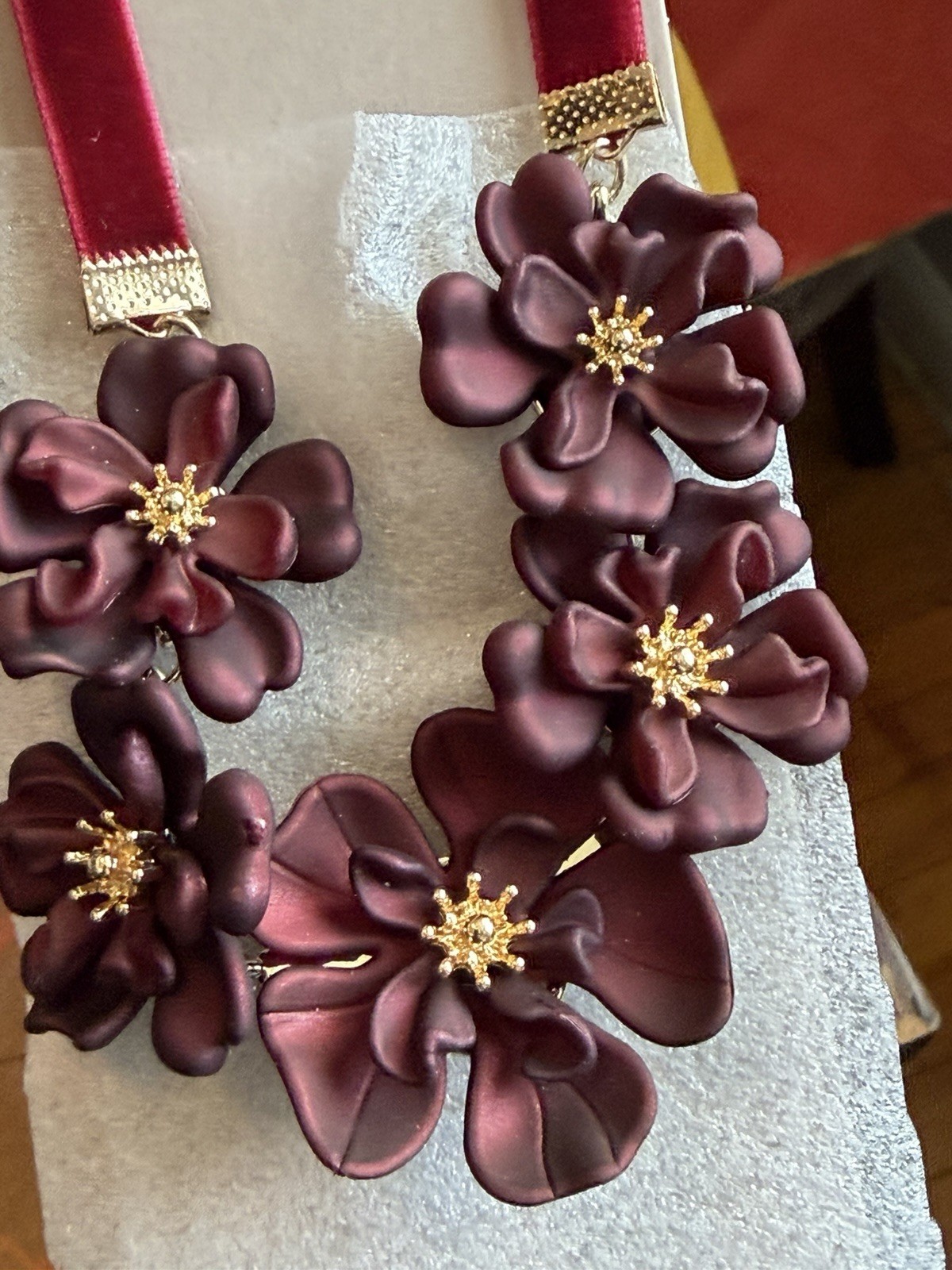 I Am Red Burgundy Flower Necklace And Earrings Gold Tone Jewelry Set New Gift