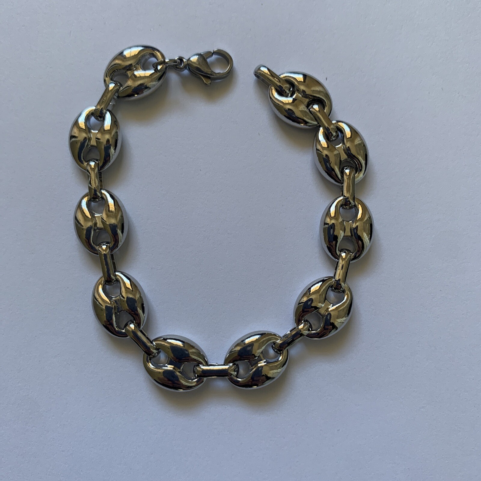 14k White gold Plated Puffy Puffed Anchor Mariner Link Chain Bracelet 1cm thick