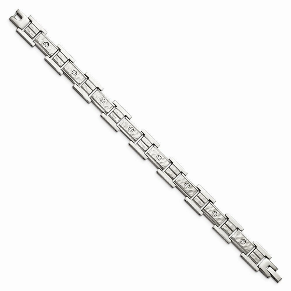 Stainless Steel Brushed Polished and Hammered w/CZ 8.5 in Bracelet