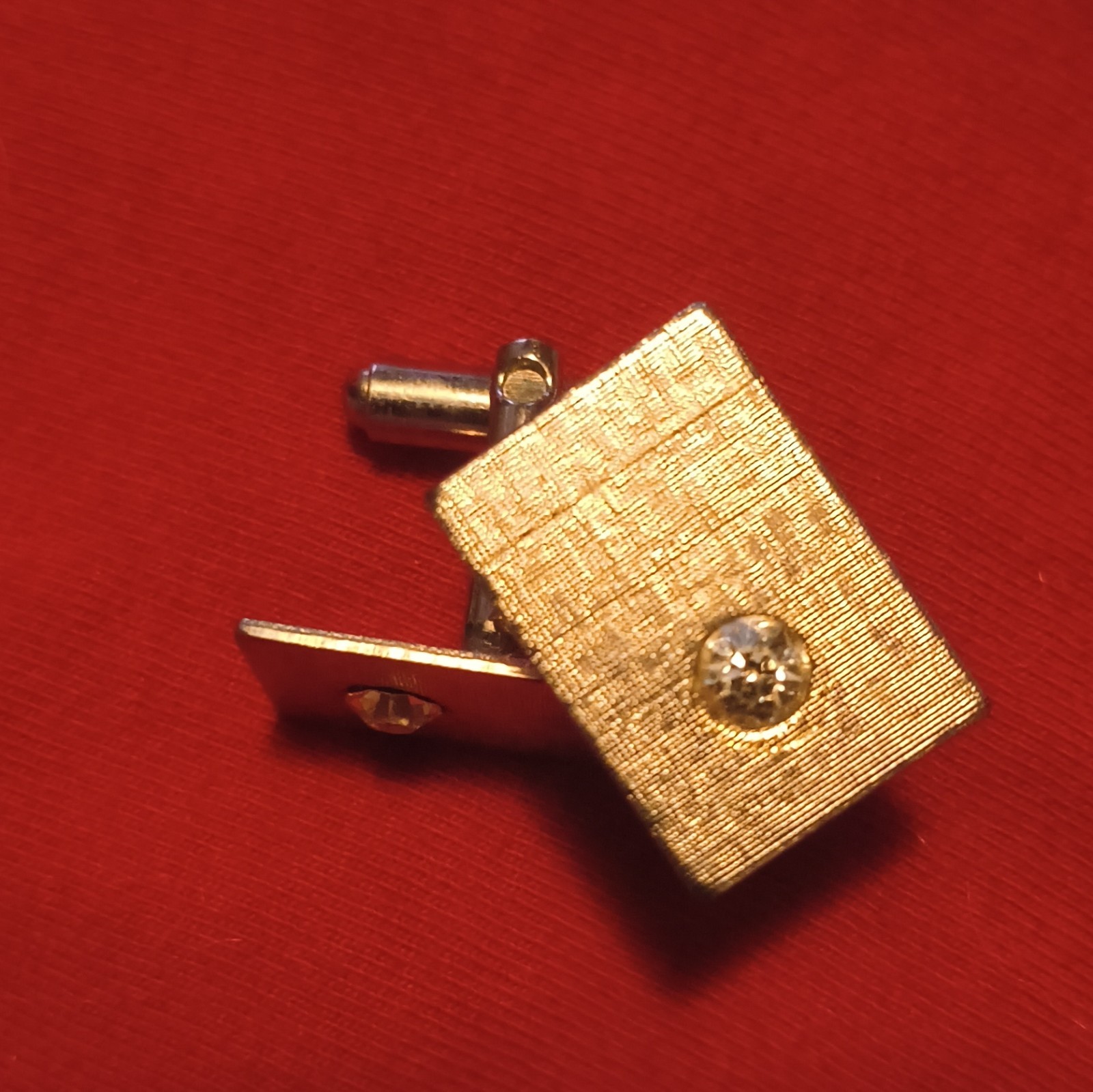 Men’s Gold Tone Metal Rectangle Cufflinks Clear Round Stone Bullet Back