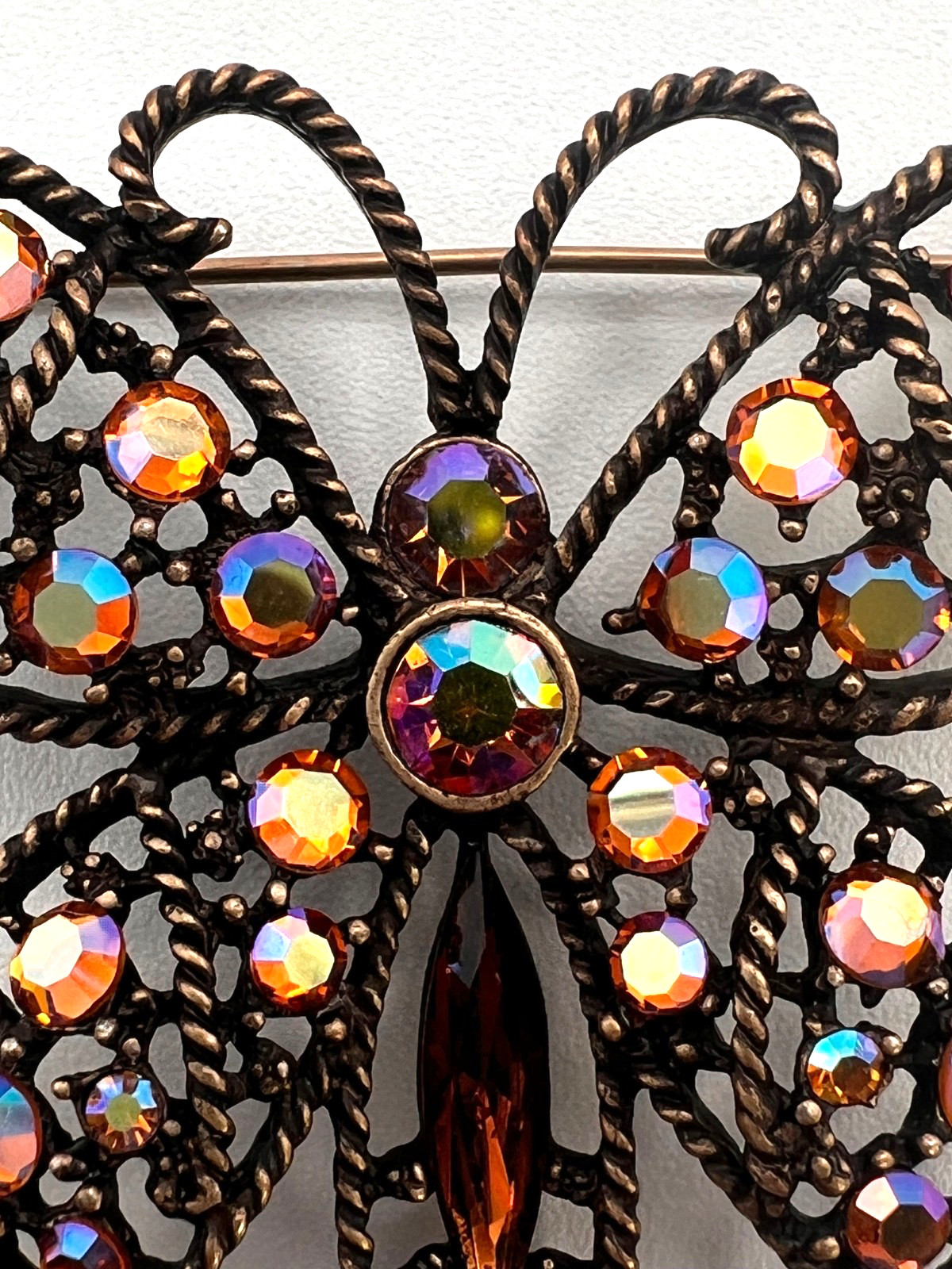Vintage KIRKS FOLLY Butterfly Brooch Pin AB Rhinestones, Copper Ox, Signed