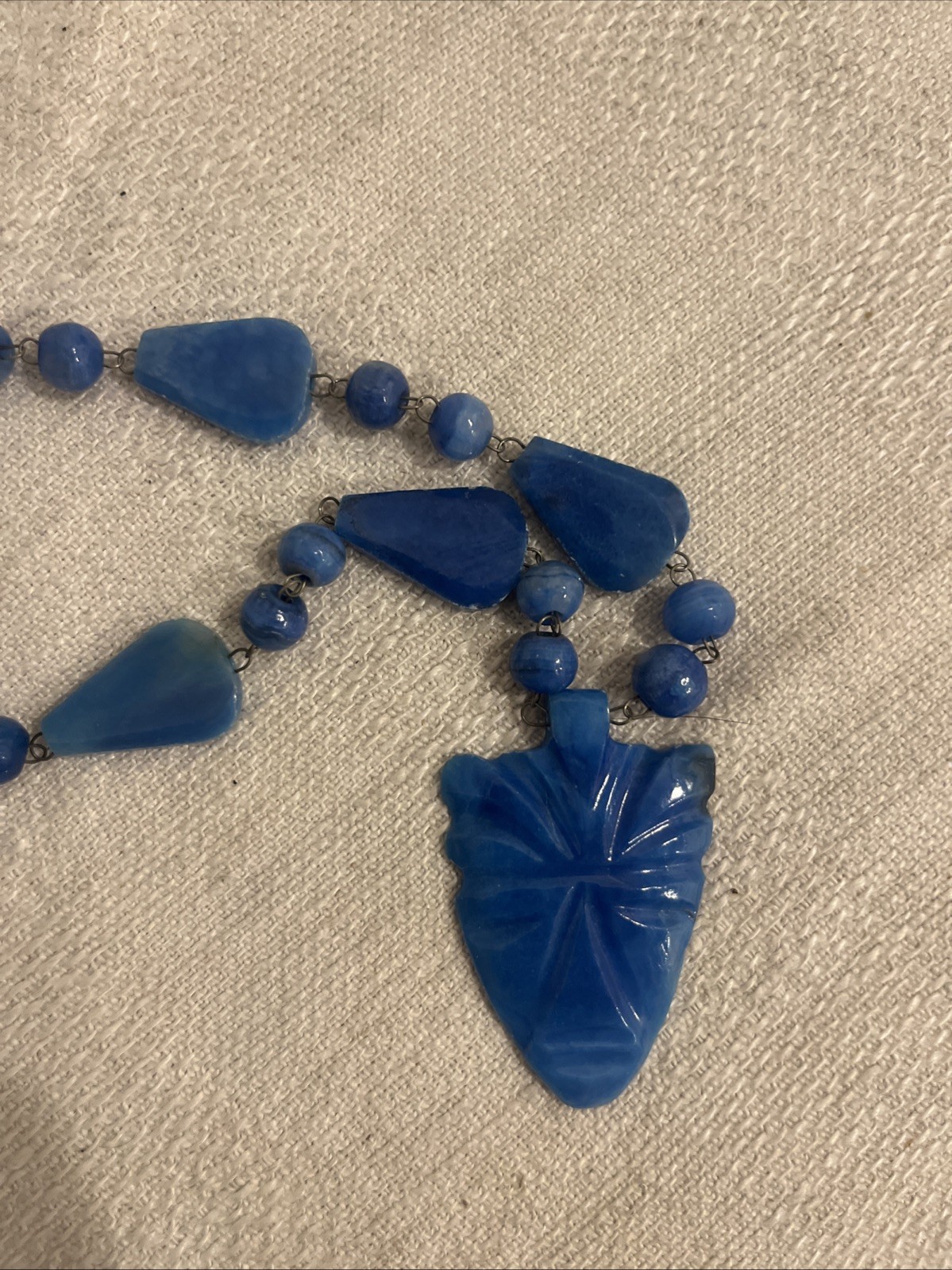 Vintage Aztec Mayan Blue Agate Carved Gemstone Face Mask Pendant Necklace