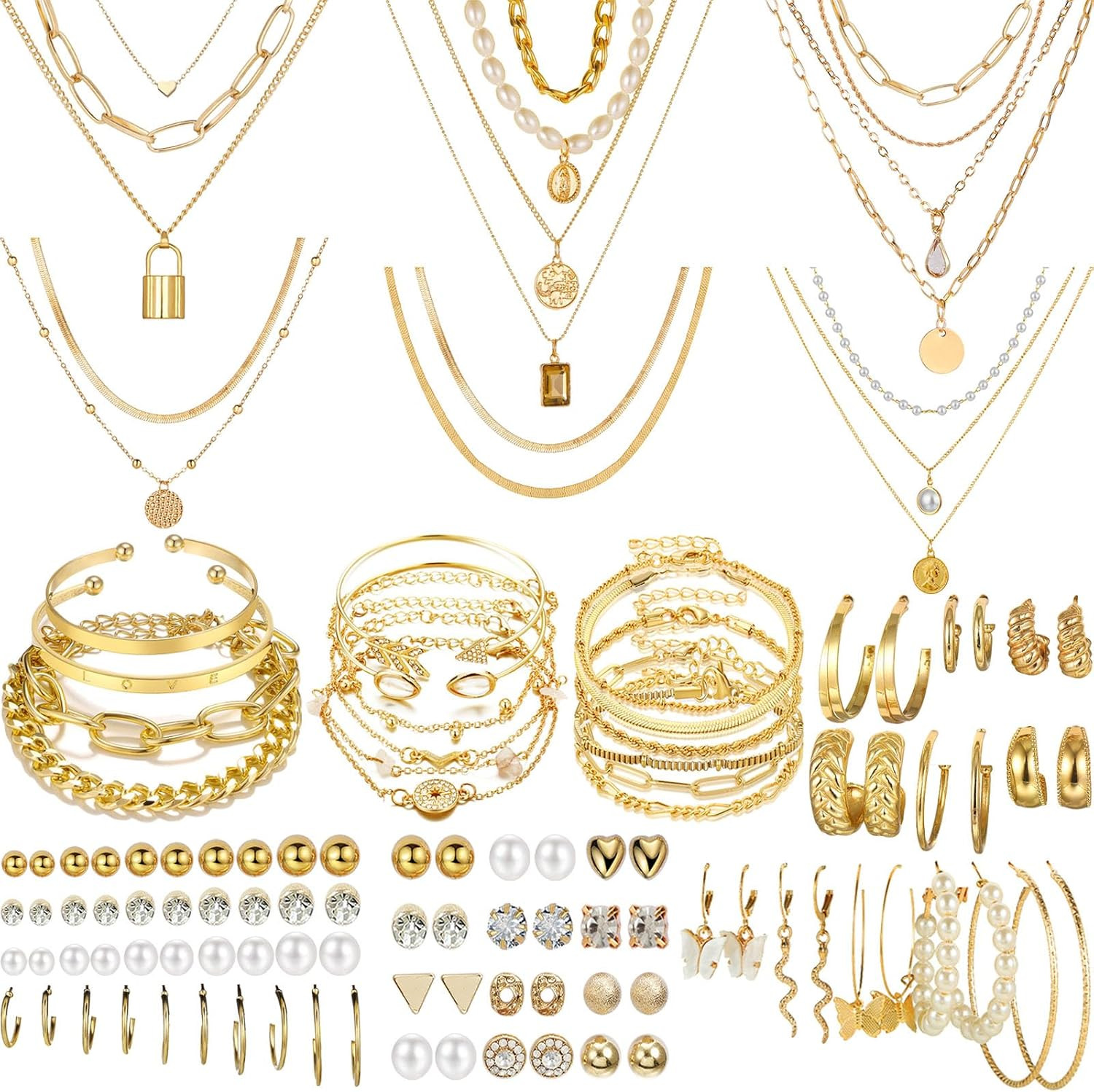 NEWITIN 69 Pieces Gold Jewelry Set for Women Fashion Costume Jewelry Gold Plated