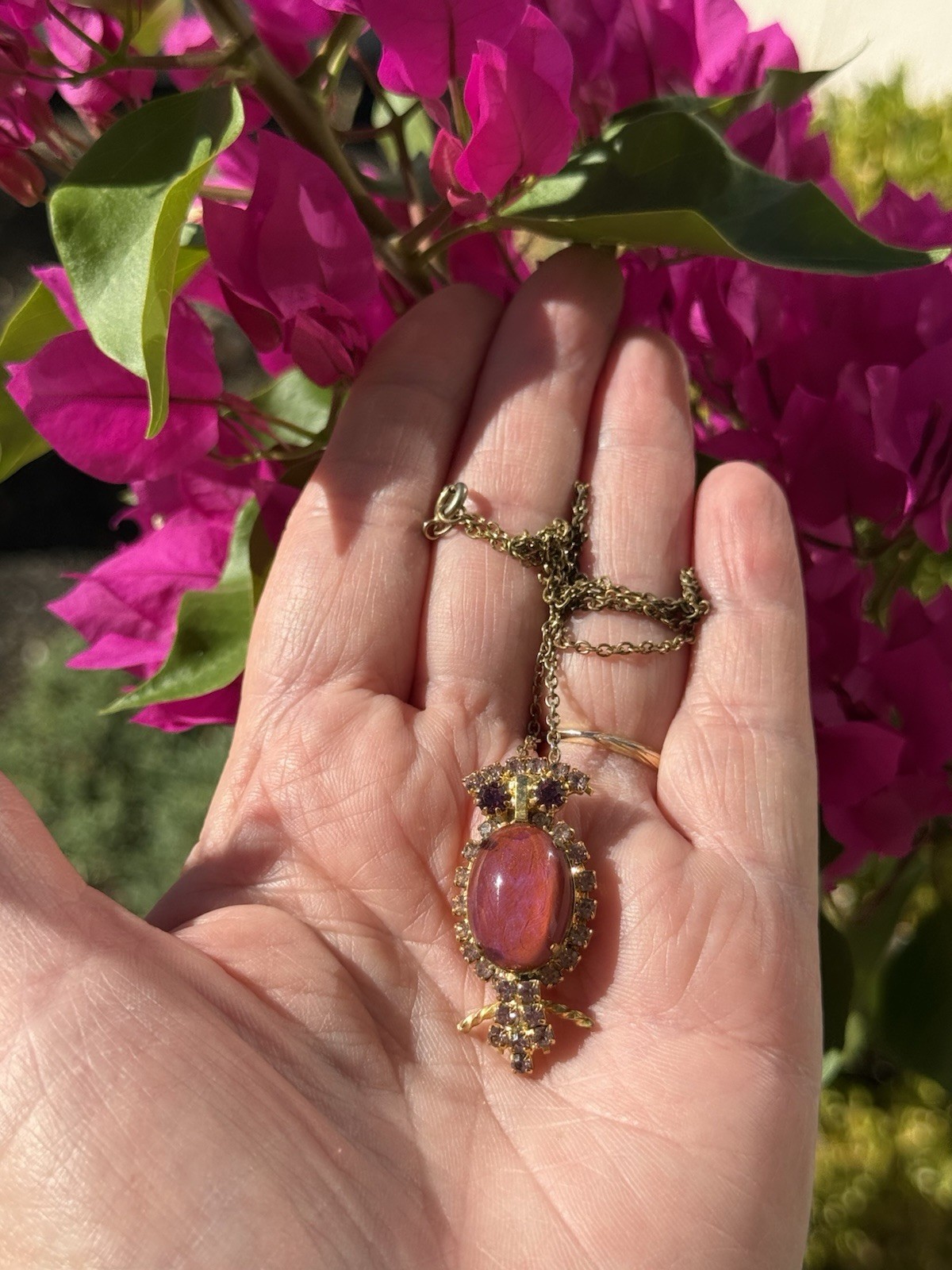 Vintage Gold Tone Signed Hobe Pink Jelly Belly Crystal Owl Pendant & Necklace