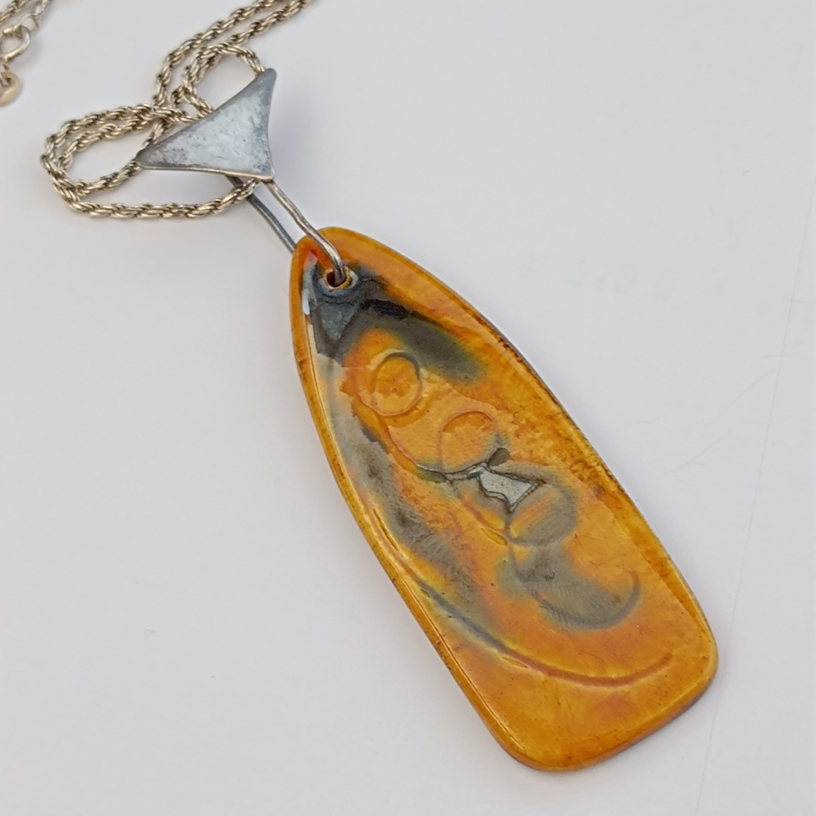 VTG Silver Modernist Israeli Enamel Necklace Abstract 60s 7Os Mustard Yellow 925