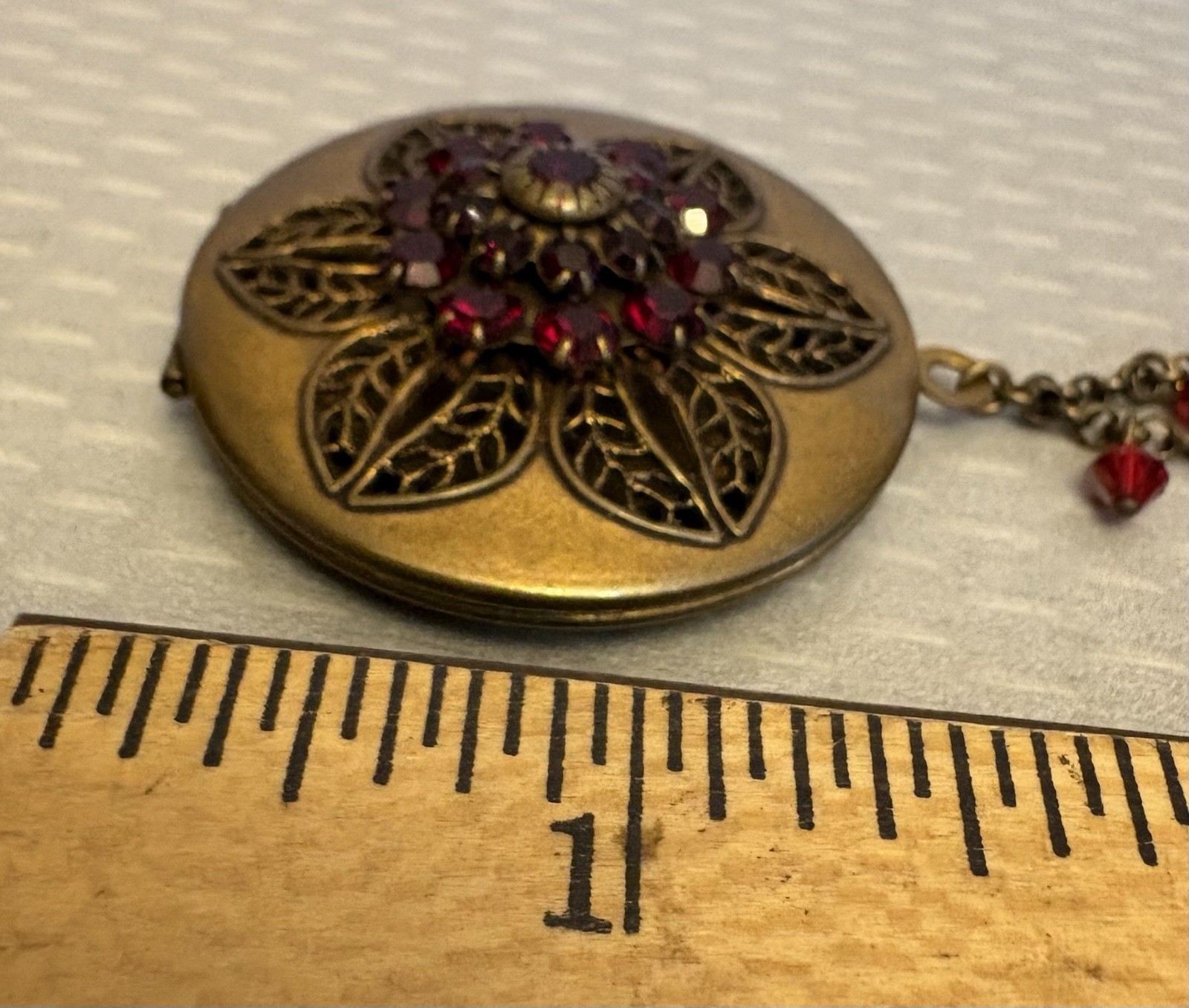 Liz Palacios SF Perfume Locket Necklace Brass Red Jeweled Filigree Scent Pendant