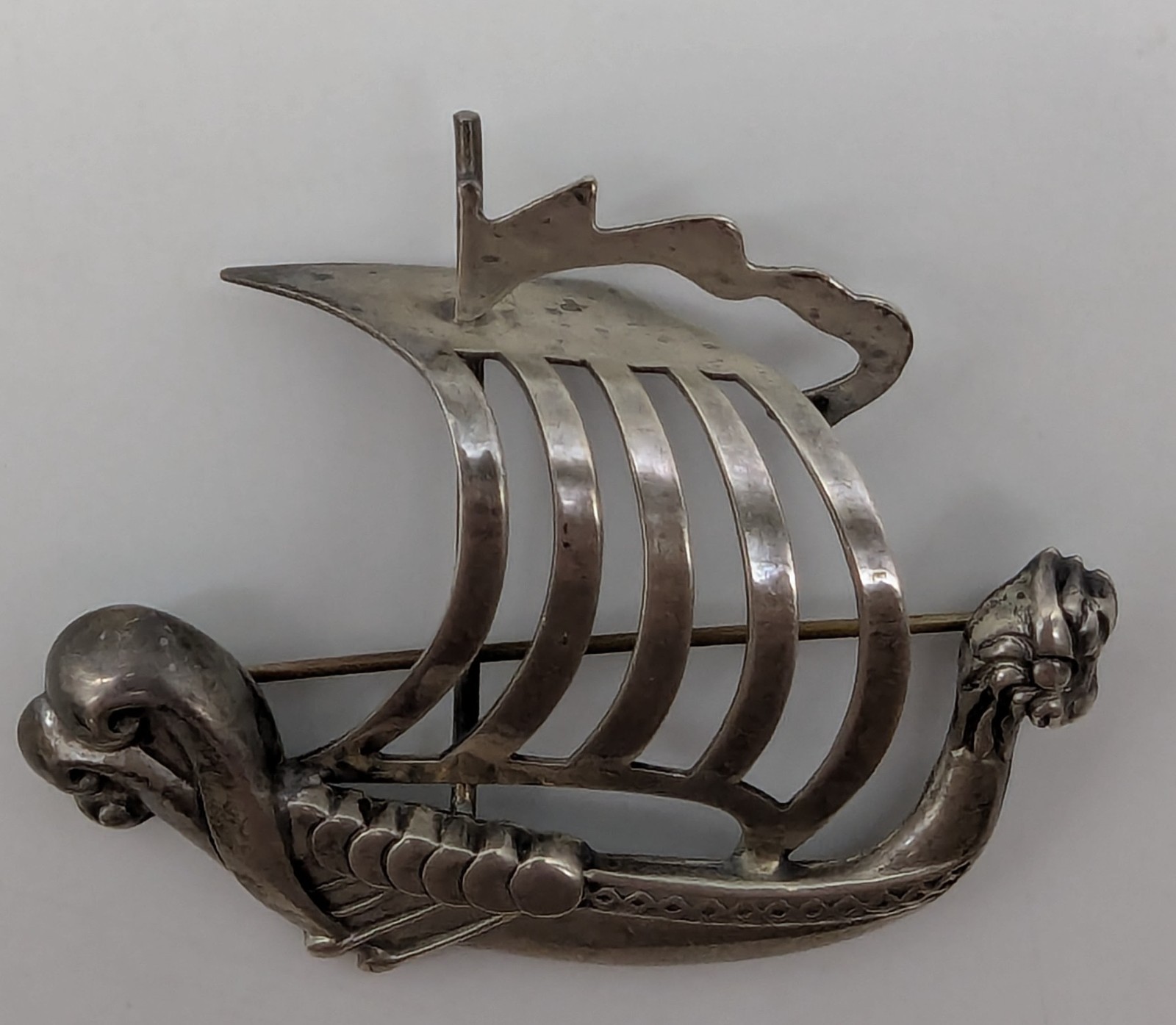 Vtg Lang Sterling Viking Ship Dragon Boat Pin Brooch Silver