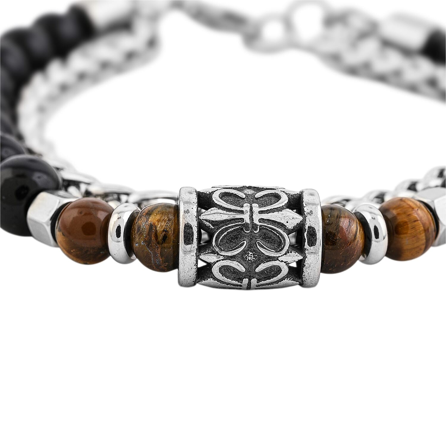 Tigers Eye and Black Onyx 32.80 ctw Beaded Bracelet in Stainless Steel 8-9In