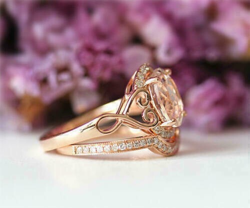 Bridal Set Guard Ring Oval Cut Simulated Peach Morganite In 14K Rose Gold Plated
