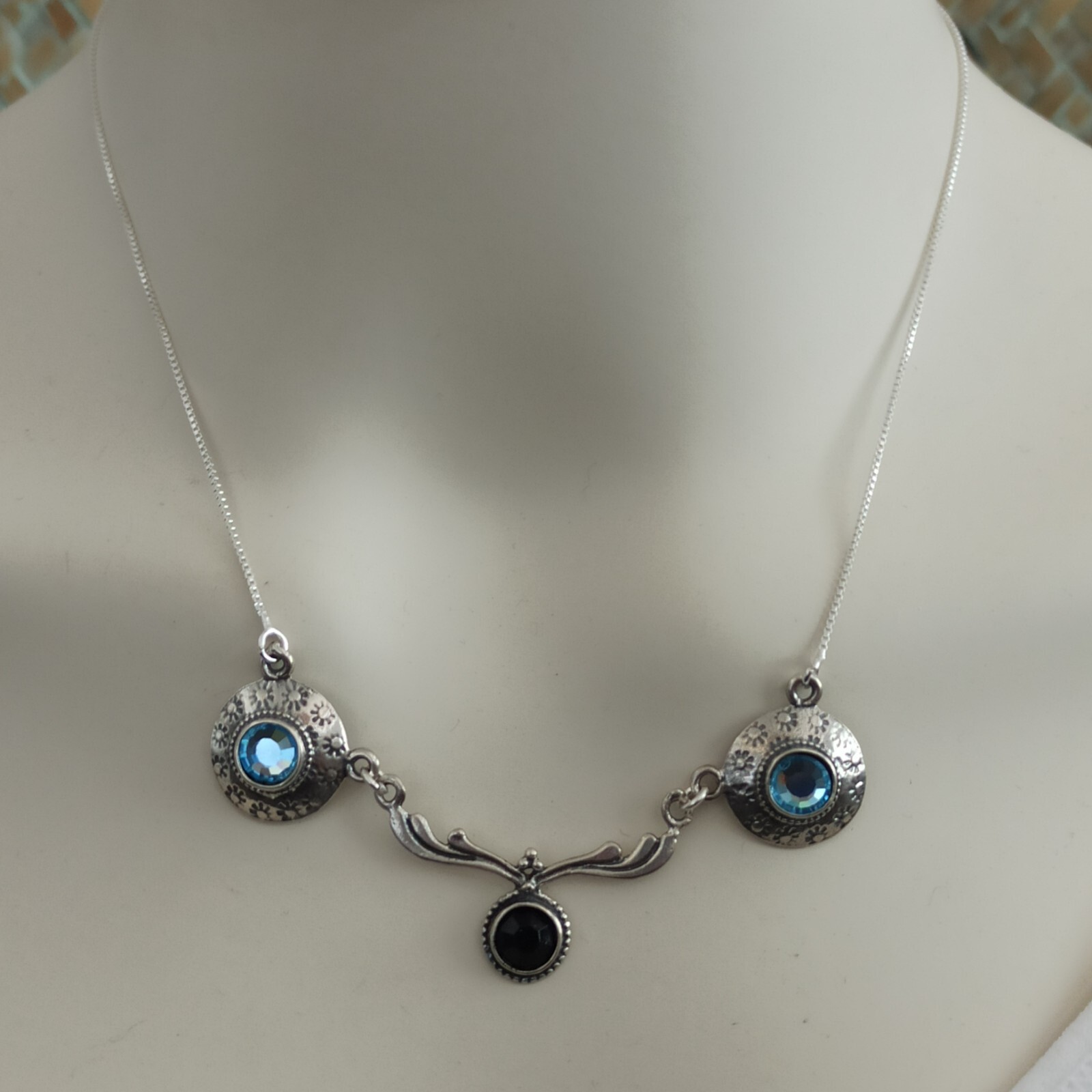 Vintage Silver Necklace Ligh Blue Black Bib Art Deco Sterling 925 Artisan Unique