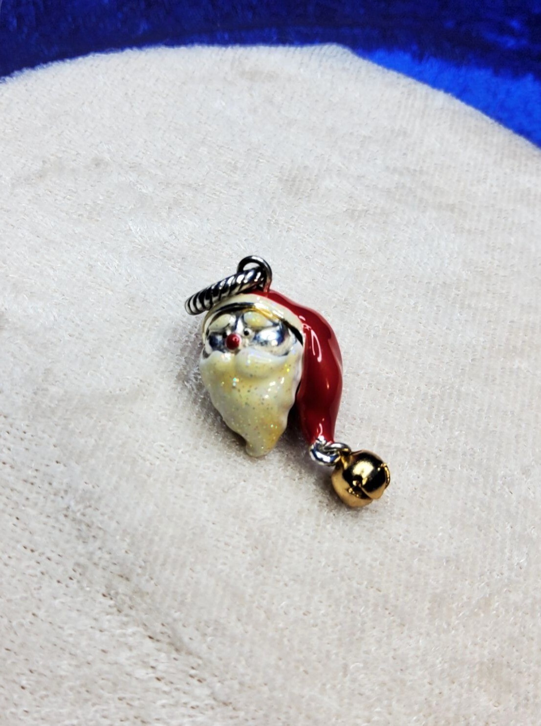 vintage metal and enamel red, white santa claus gold color bell pendant/charm
