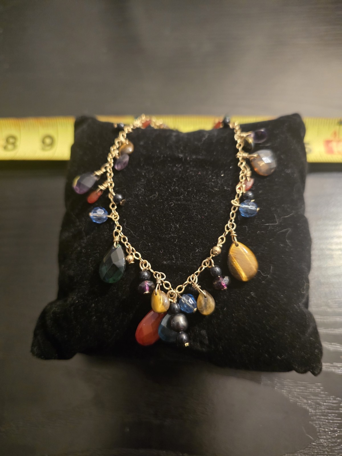Gold Tone Cable Chain Teardrop Charm Necklace Multicolor Beads 16 in Spring