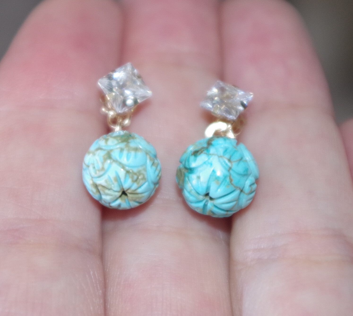 VINTAGE 1OK GENUINE 6 MM ZIRCON STUD EARRINGS W 10 MM TURQUOISE BALL JACKETS