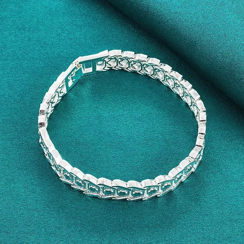 925 Sterling Silver Pattern Flower Wide Wristband Bracelet Chain Fashion Jewelry