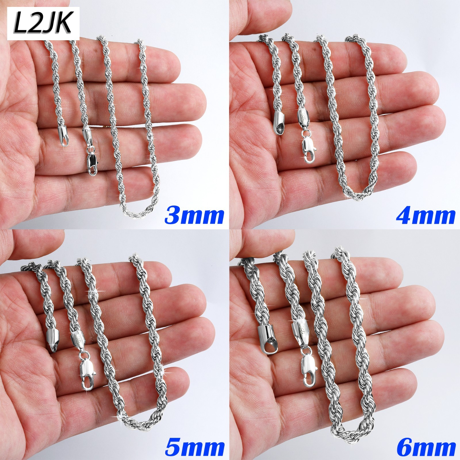 Rope Chain Necklace 3mm, 4mm, 5mm & 6mm – 20″ 24″ 30″ Silver Plated Mens Jewelry