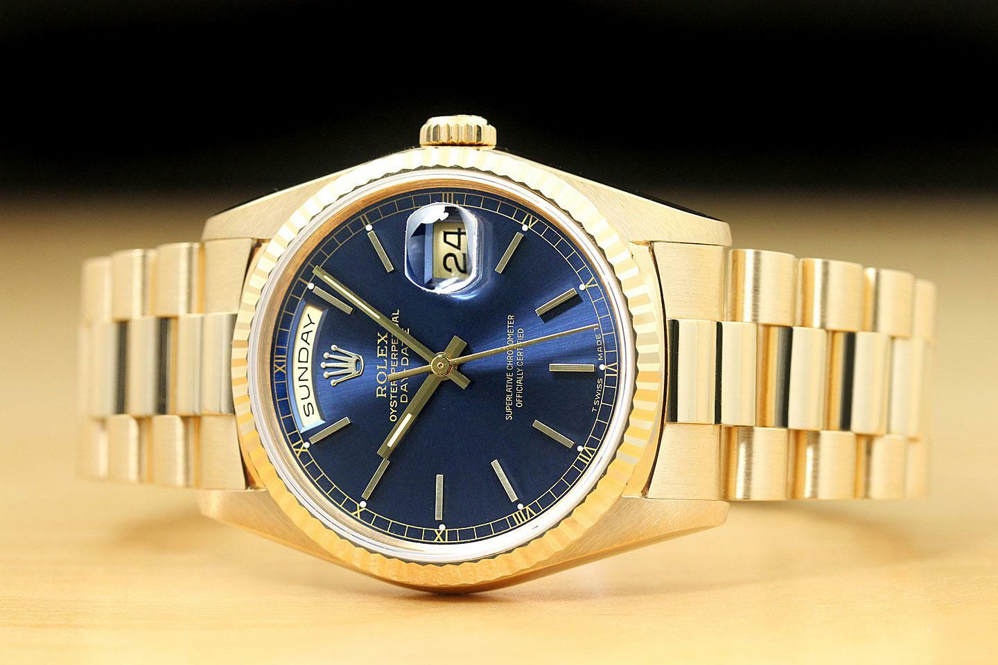 ROLEX MENS PRESIDENT DAY-DATE BLUE DIAL 18K YELLOW GOLD DOUBLE QUICKSET WATCH