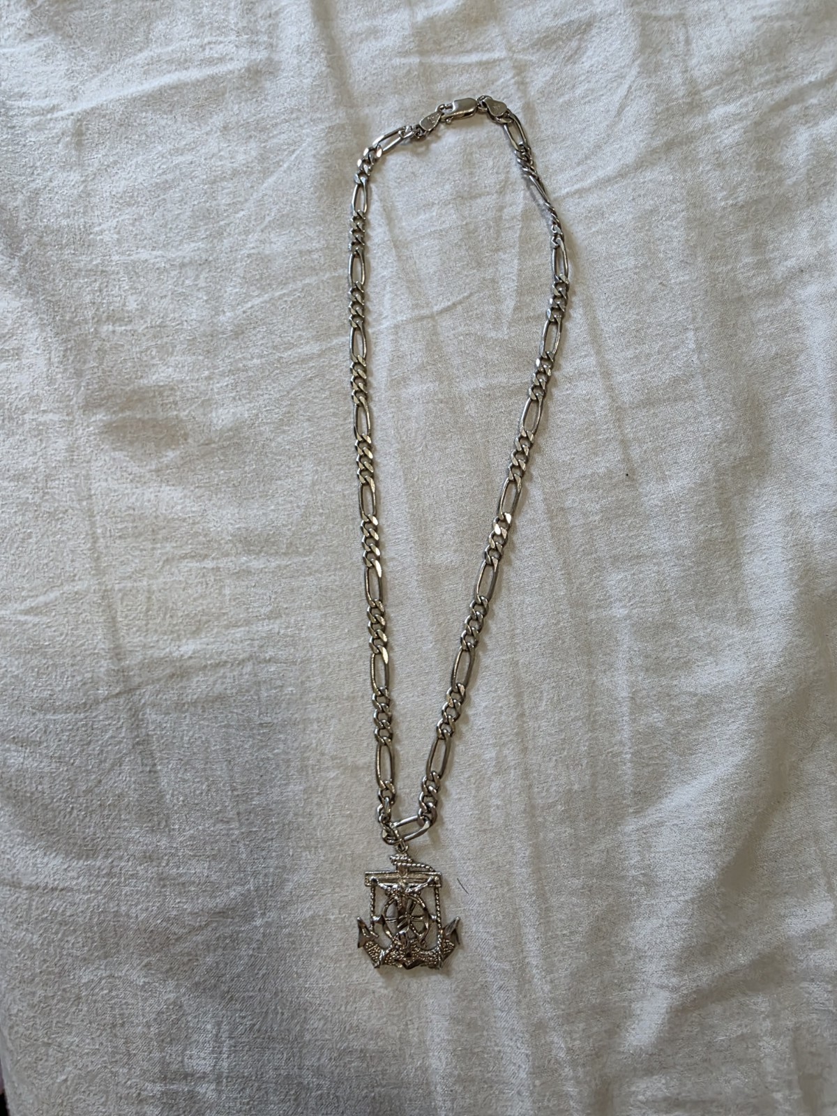 Silver Tone Figaro Chain Nautical Anchor Charm Pendant Necklace, Lobster