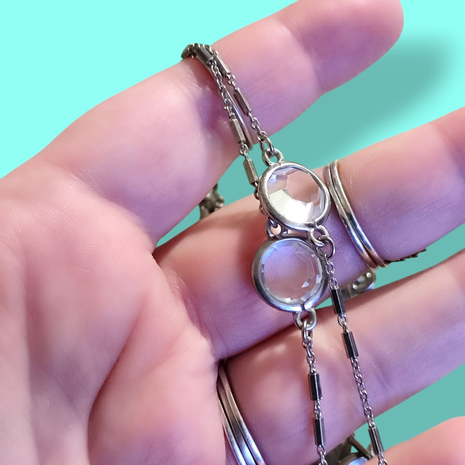 Vintage 32in Bezel Set Crystal Glass Necklace Silver Tone Bar Chain