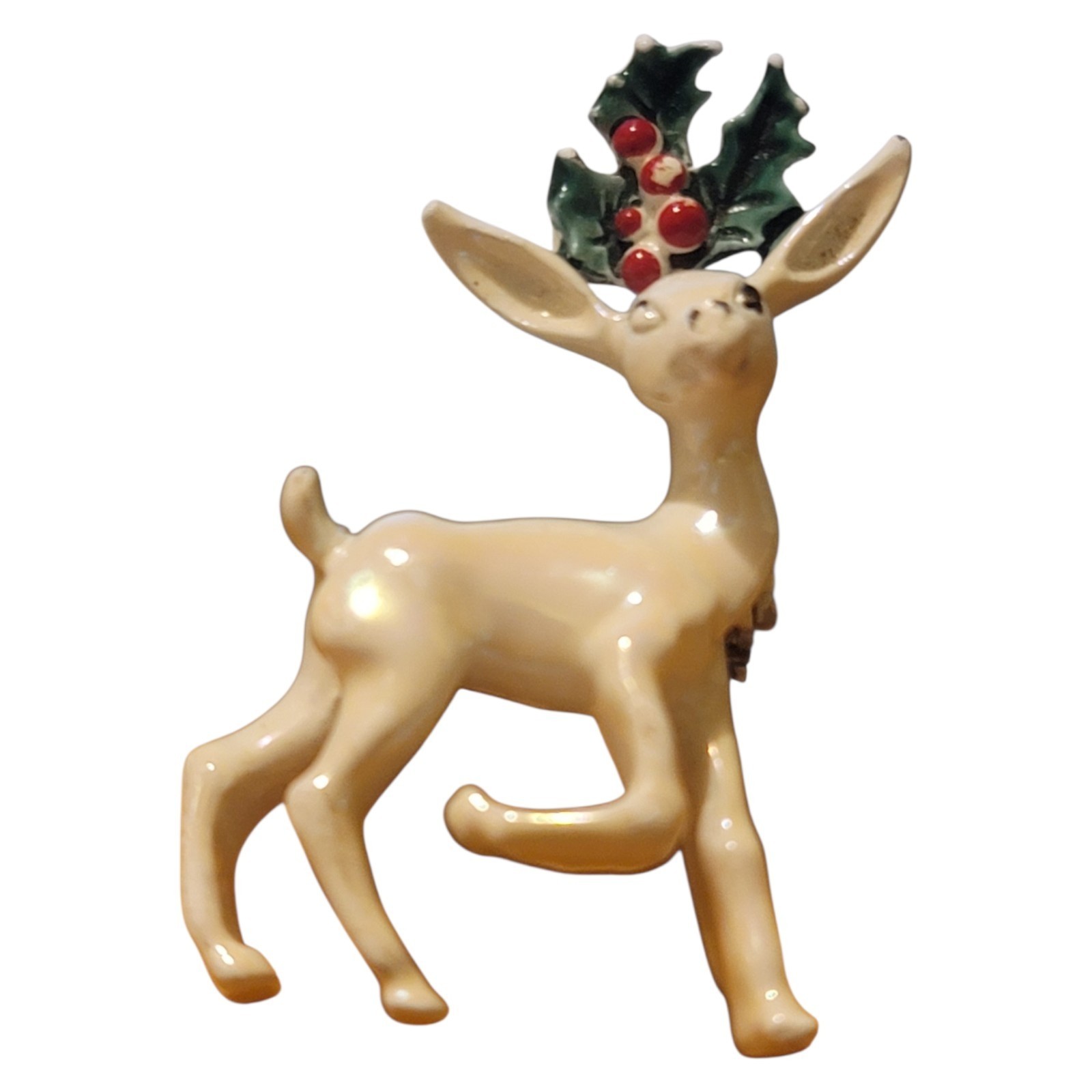 Gerry’s Enamel White Reindeer Brooch Pin Iridescent Christmas Signed Vintage