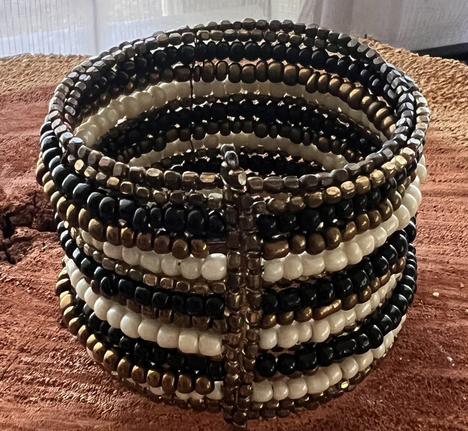 Boho Multi Strand Beaded Memory Wire Cuff Bracelet Black Cream Bronze