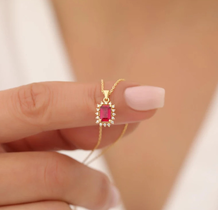 Real Diamond Ruby Necklace Gold July Birthstone Ruby Pendant 925 Silver Jewelry