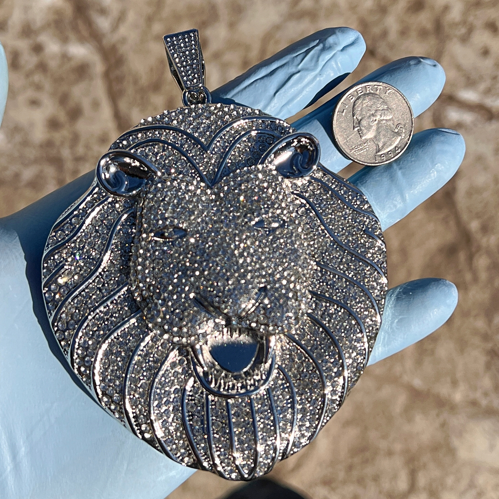 Men Huge Big Lion Head Iced Flooded Out Hip Hop Pendant Simulated CZ Silver Tone