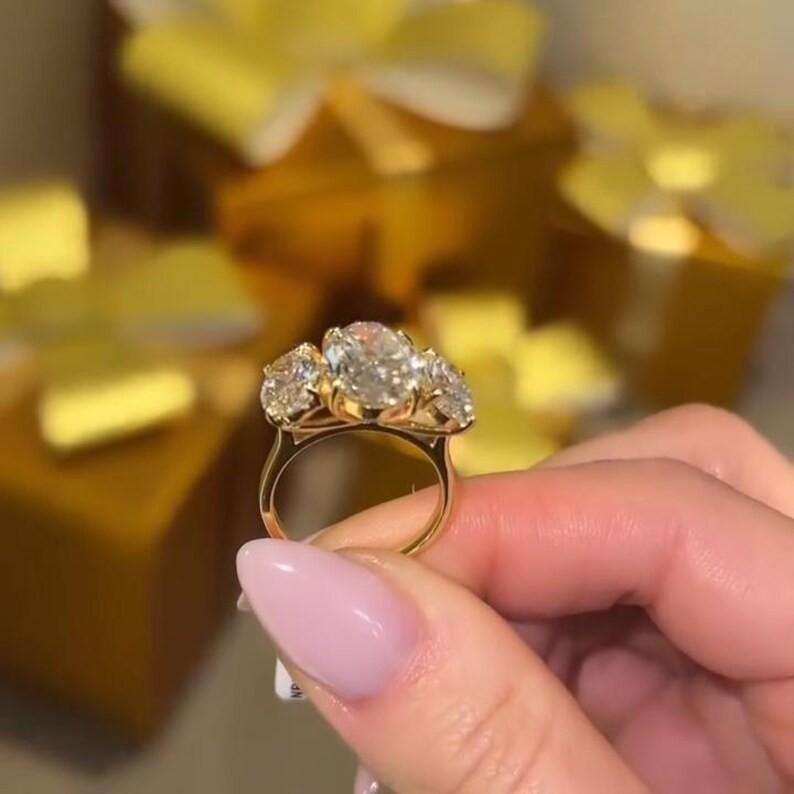 Oval Moissanite Three Stone 14K Gold Trilogy Engagement Ring Gift For Her