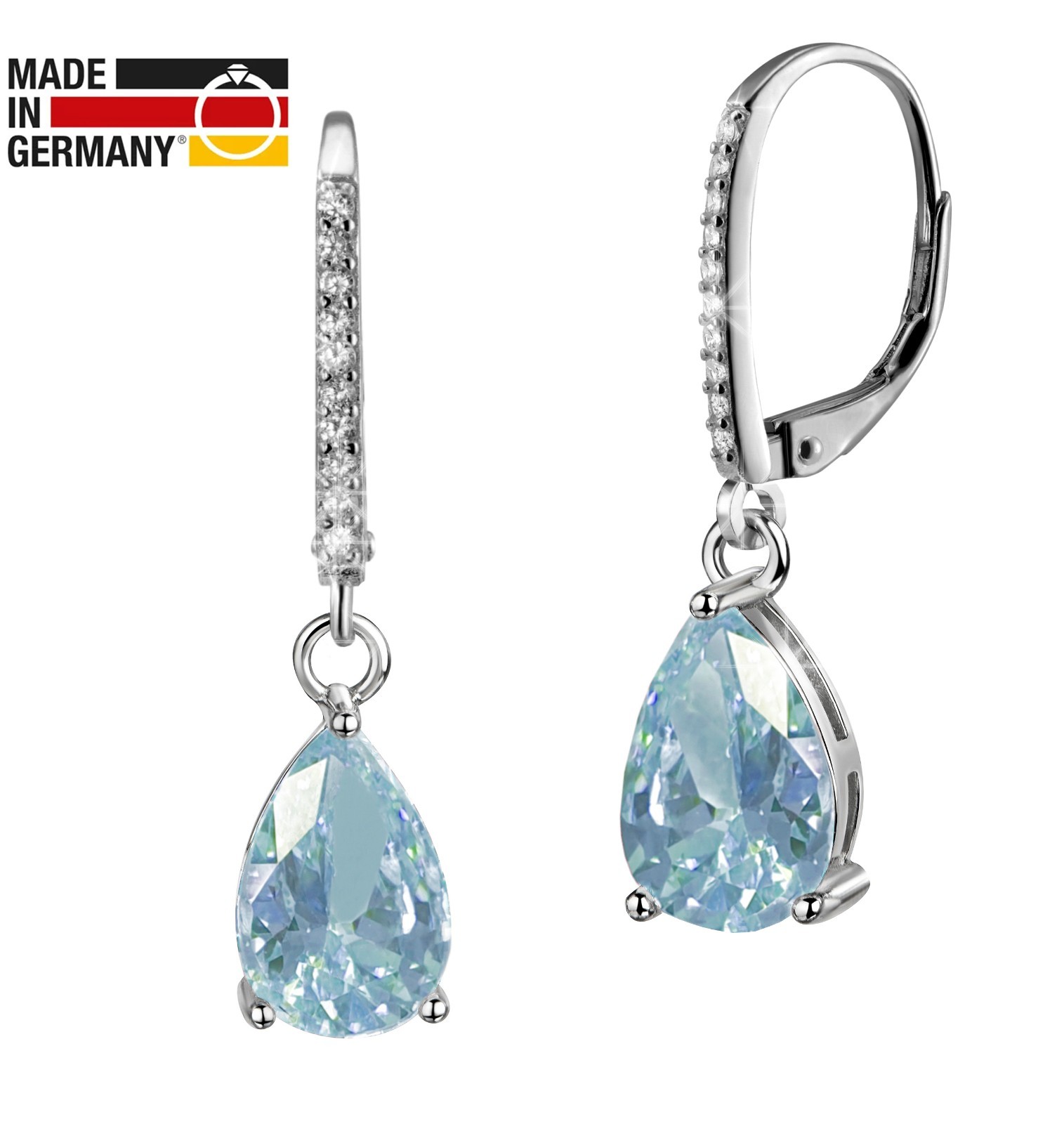925 REAL SILVER Rhodium Plated 💧 Cubic Zirconia Light Blue Drop Dangle Earrings 28mm