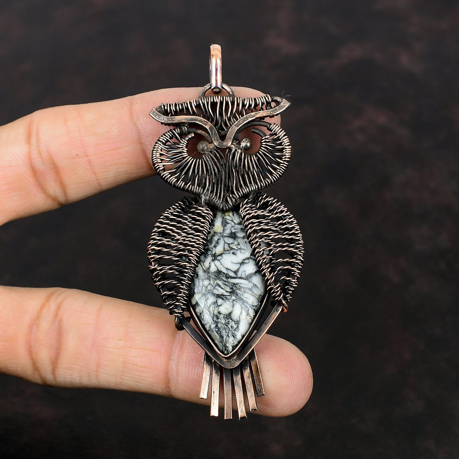 Pinolith Jasper Copper Gift For Bridesmaid Wire Wrapped Owl Pendant 3.35″