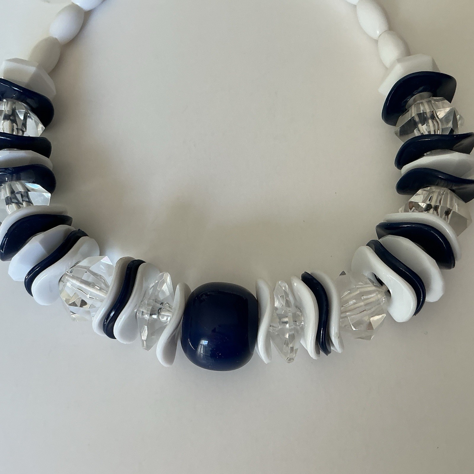 VTG Rare Necklace Statement Chunky White Blue Clear Lucid Bead 19″ Czech Rep New