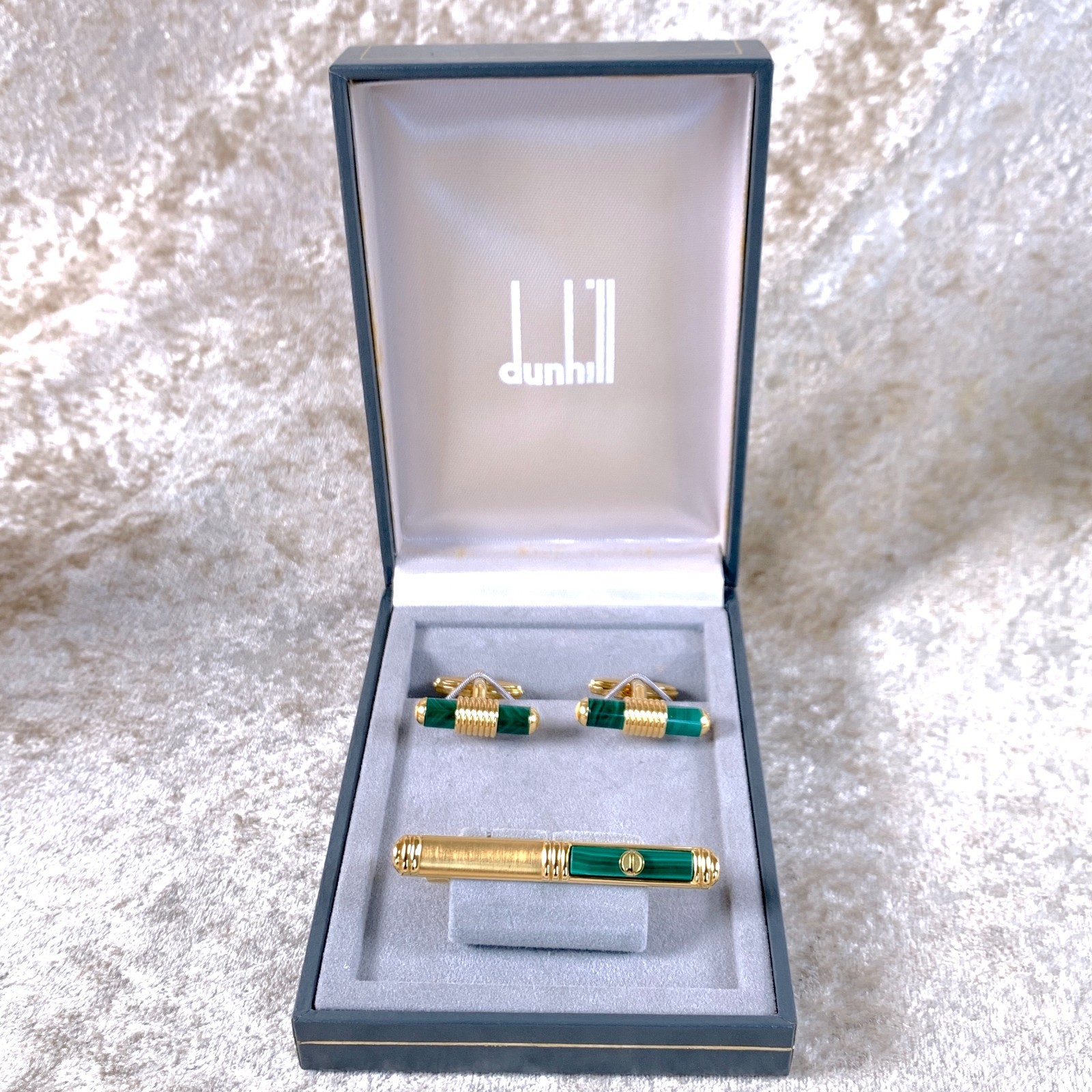 Vintage Dunhill Cufflinks & Tie Bar Clip Cylinder Malachite Gold Finish w/Box