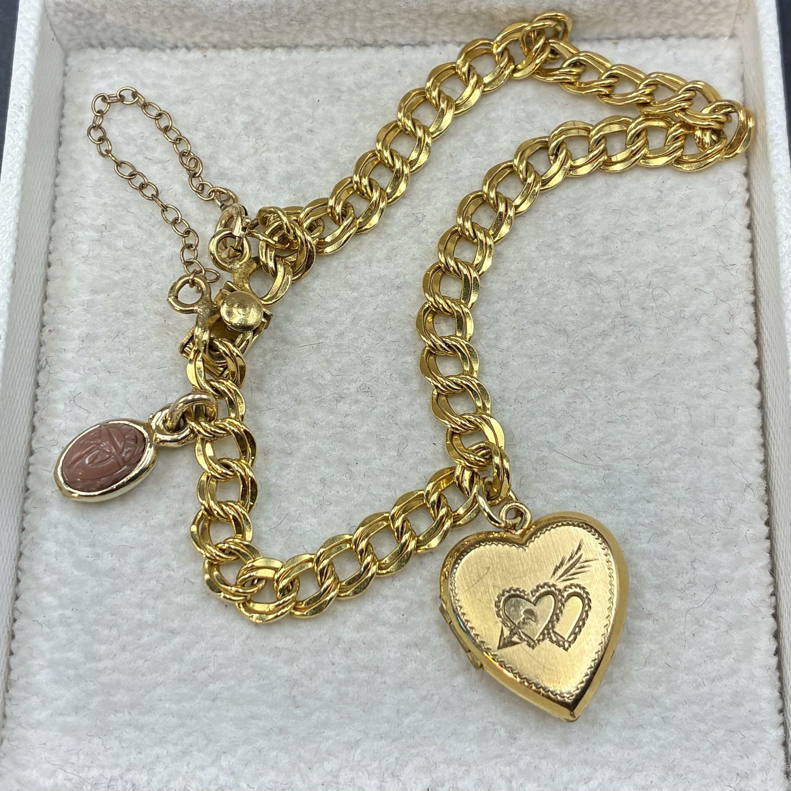 Vintage Estate 12k Gold Filled Starter Charm Bracelet + GF Heart LOCKET, Good ✔️