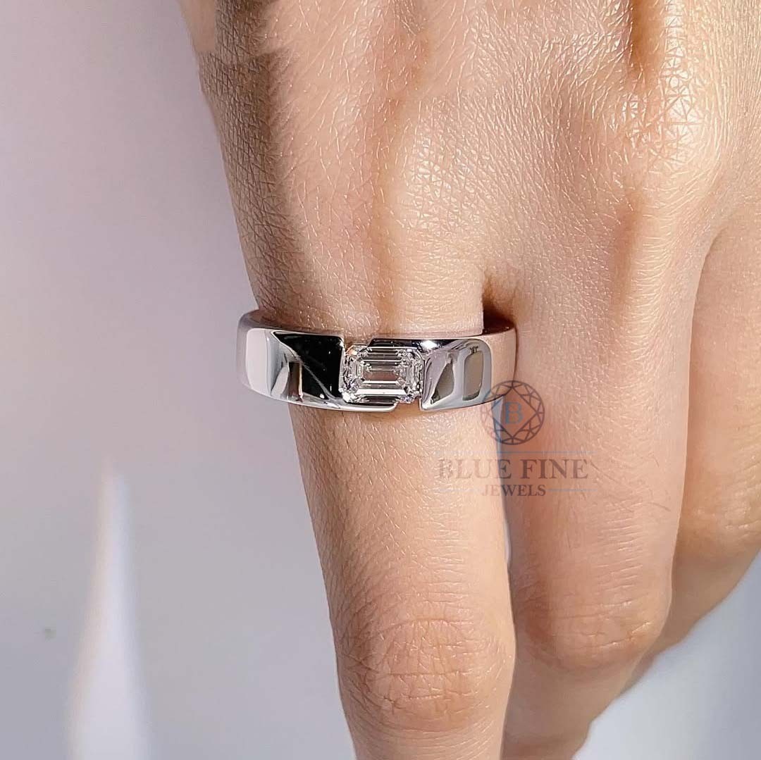 14K White Gold 0.55 ct Emerald Cut Bezel Set Moissanite Ring