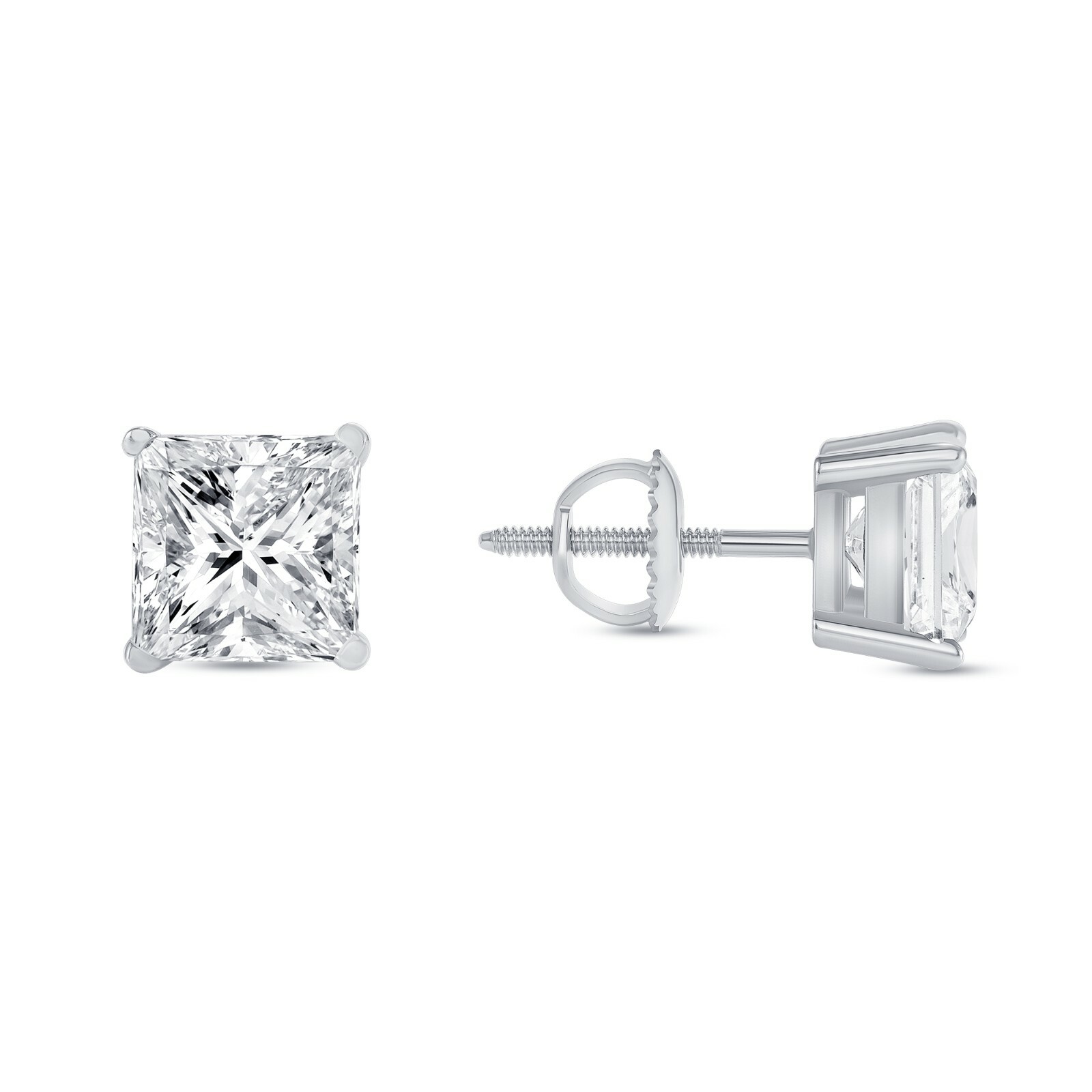 4 Ct Princess Cut Real 14K White Gold Created Diamond Earrings Studs Screw Back