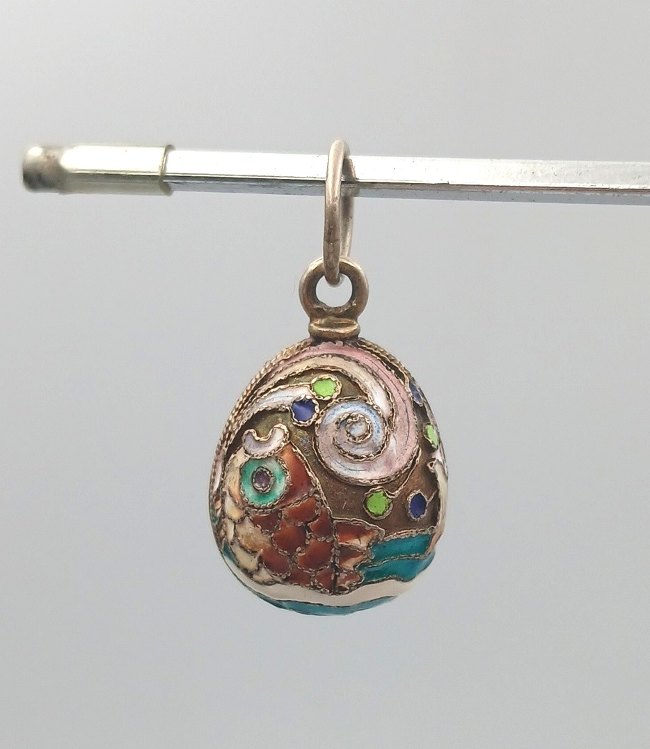 Vintage Cloisonne Chinese Enamel Koi Fish Sterling Silver Egg Charm Pendant
