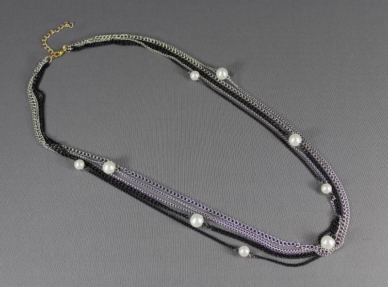 Black Silver Gold 5 strand faux pearl draped long statement bib necklace 24 long