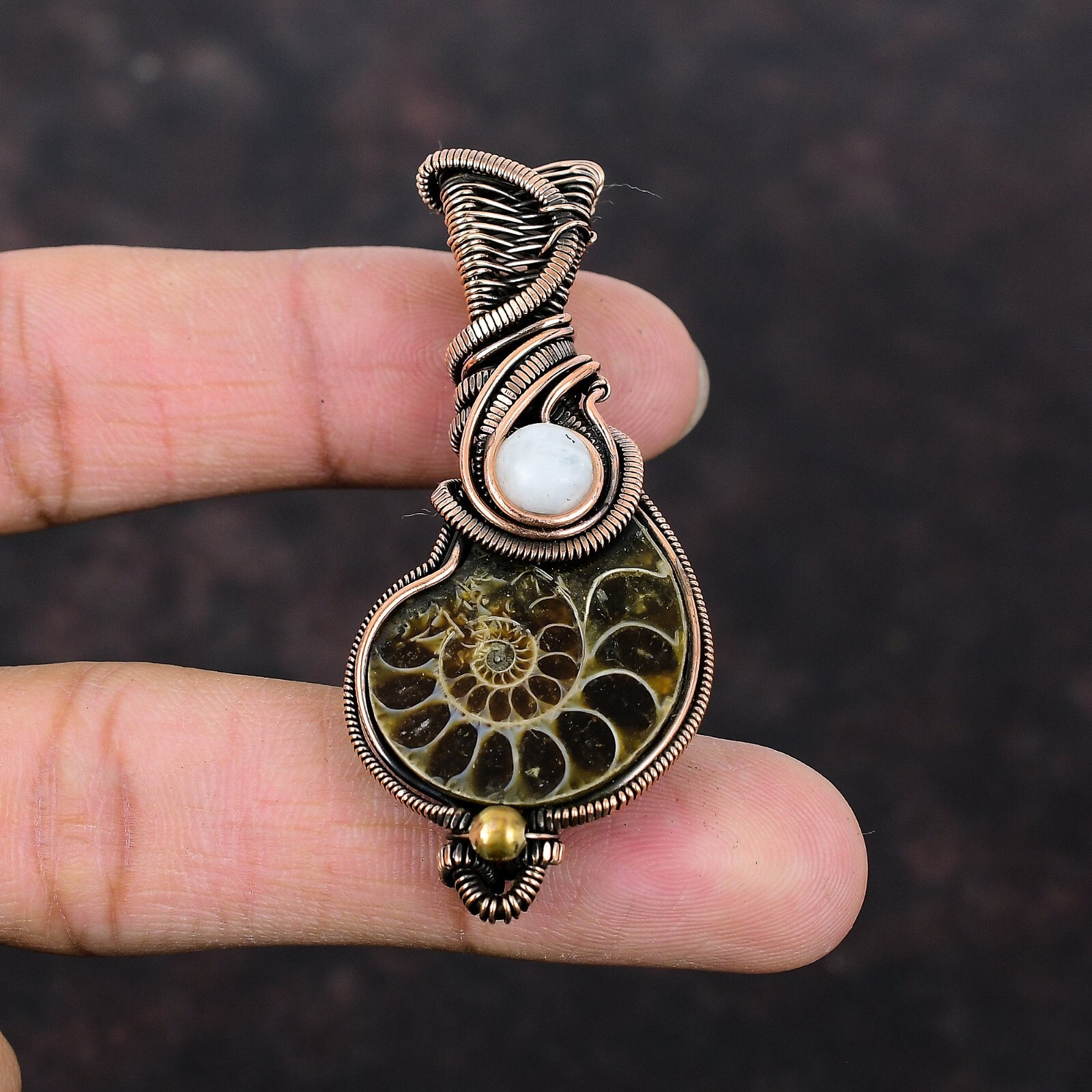 Ammonite Fossil Wire Wrapped Pendant Handcrafted Copper Partywear 2.36″