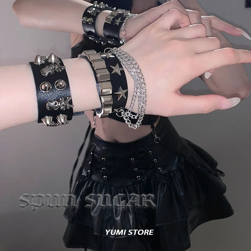 Punk Rivet Star PU Leather Bracelet for Women Men Hip Hop Gothic Dark Girl Rock