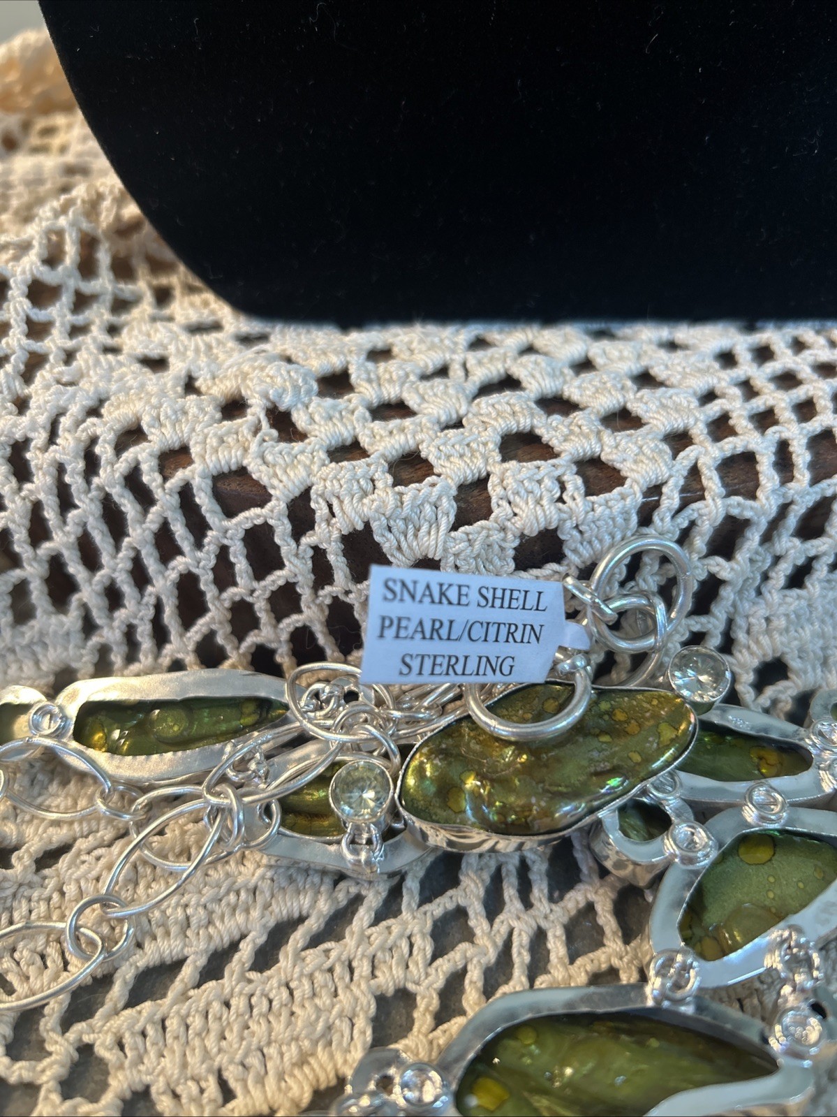 VTG Handmade Sterling Silver Blister/Snake Shell Pearl Citrin Necklace 21-24” L