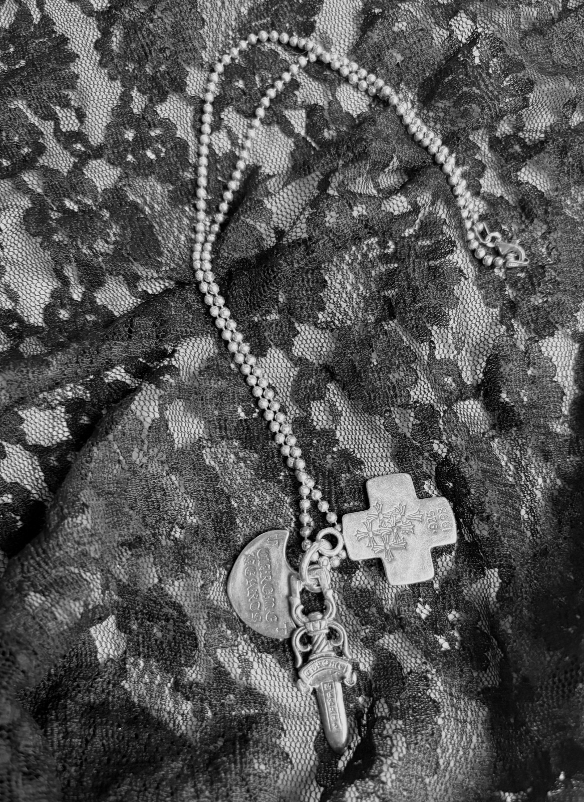 Chrome Hearts Sterling Silver 3-Pendant Necklace, Authenticity Card, Pouch, 2002